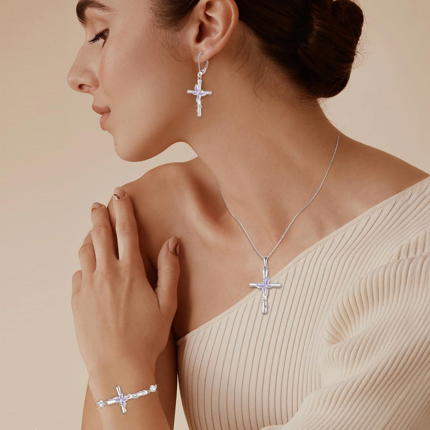 Blaniy Cross Necklace for Women 925 Sterling Silver Butterfly Necklace Alexandrite Pendant Necklaces June Birthstone Jewelry Gifts for Women