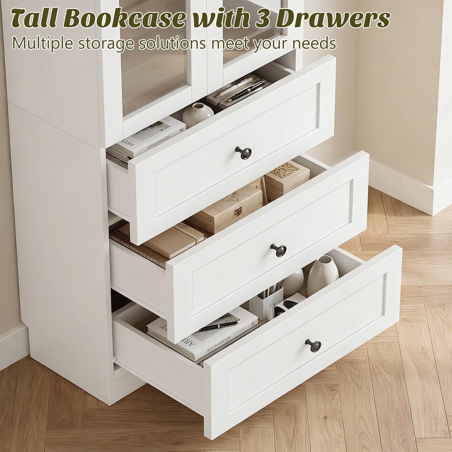 Cyclysio 80" Tall Pantry Cabinet for Kitchen Storage, 2 Set White Pantry Cabinet with Glass Doors & 3 Drawers - Freestanding Storage Bookcase with Built-in Baseboard Notch for Dining, Living Room
