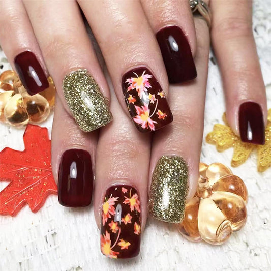 24pcs Fall Press on Nails Short Square Thanksgiving Day Fake Nails with Glitter Design Maple Leaf False Nails Kit Wine Red Glue on Nails Autumn Maple Leaves Acrylic Full Cover Stick on Nails for Women