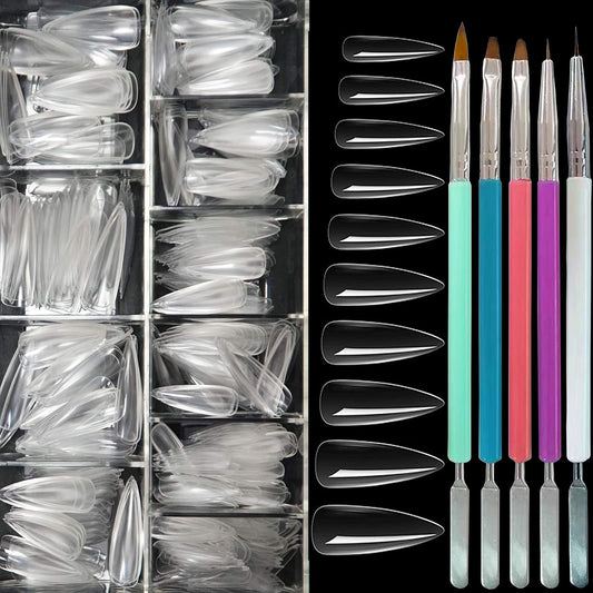 505PCS Acrylic Nail Brushes with False Nail Tips, Dual Head Gel Brush Acrylic UV Gel Picker Brush 3D Nail Acrylic Brush Fake Nail Tips Press on Nail Stiletto Nail for Dip Powder Extension Nails (C)