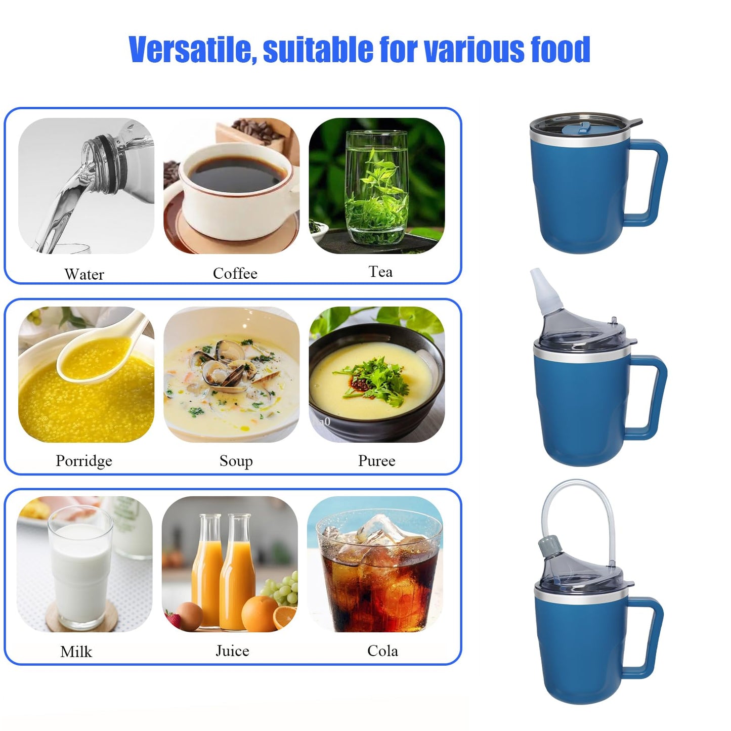 ACUDUDOMA Adult Spill Proof Cup for Elderly, 3 in 1 Stainless Steel Sippy Cup with Straw and 2 Lids, Suitable for Seniors Disabled Patients Limited Mobility, 14 OZ