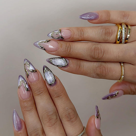 Purple French Tip Press on Nails Medium Almond, 3D Silver Irregular Border Fake Nails with Glue, Glitter Stick on Nails Full Cover Nude Glossy False Nails for Women DIY Manicure Decoration, 24PCS