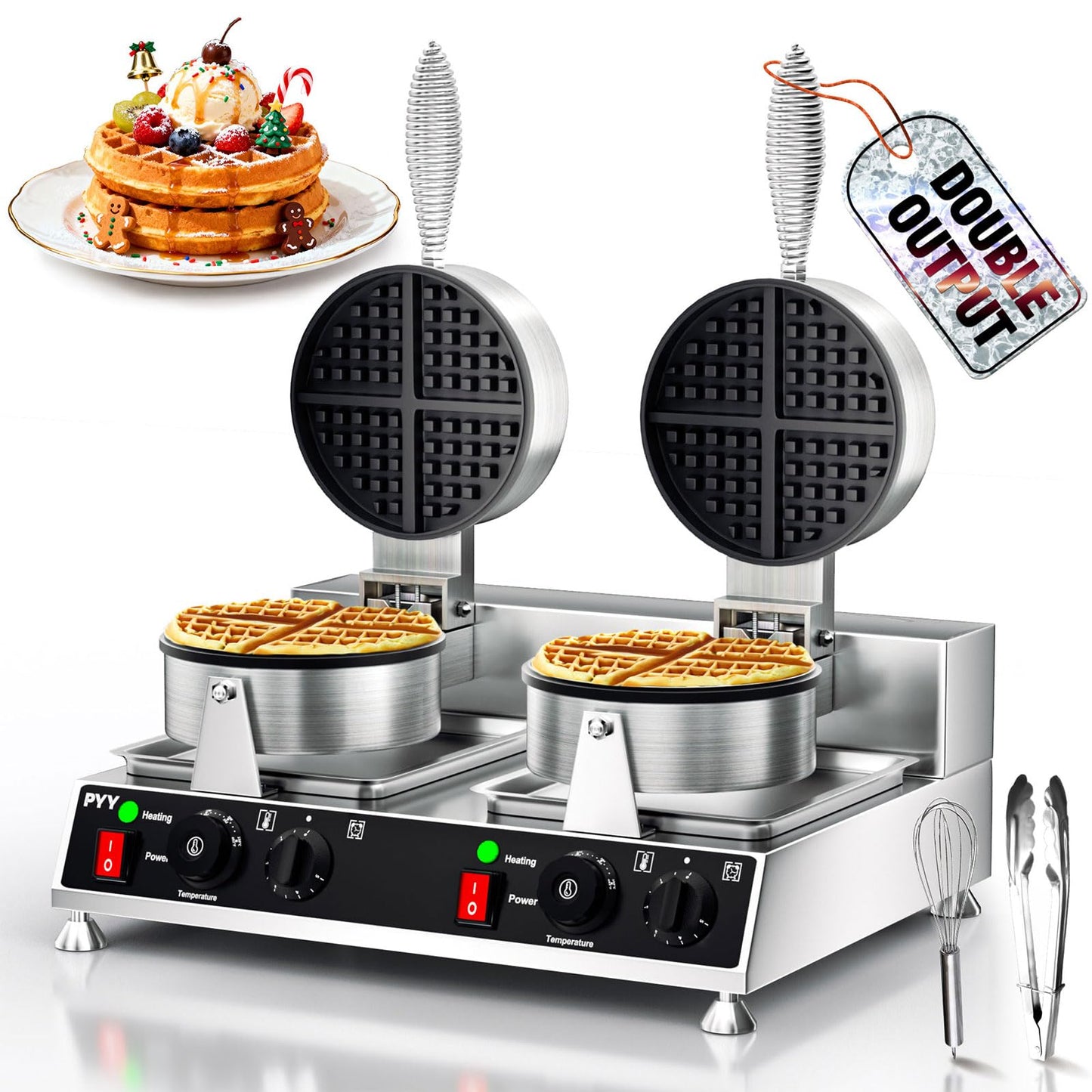 PYY Commercial Waffle Maker - Double Waffle Maker 2500W Large Stainless Steel，Silver Non-stick Electric Chaffle Maker for Restaurants, Waffle Houses, and Carnival Events