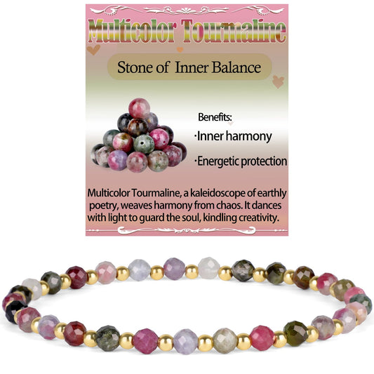 QOGIR Multicolor Tourmaline - Stone of Inner Balance - 14K Gold Plated Beads Natural Gemstone Stretch Elastic Dainty Healing Beaded Bracelets Gifts 4mm