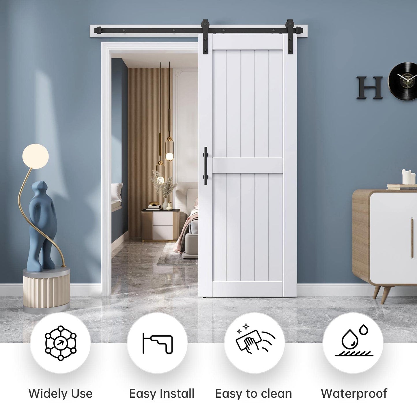 EaseLife 30 x 80 inch White Barn Door with 5.5FT Sliding Door Hardware Kit Included & Handle,Solid Wood Covered with Waterproof PVC Surface,DIY Assemblely,Easy Install,H-Frame,Fit 26-28in Wide Opening