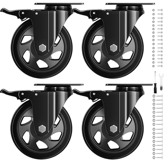 4 Inch Caster Wheels with Brake, Heavy Duty Casters Set of 4, Swivel Top Plate Casters with Double Ball Bearings, Industrial Locking Castor Wheels For Furniture, Workbench, Cabinet(Free Hardware Kits)