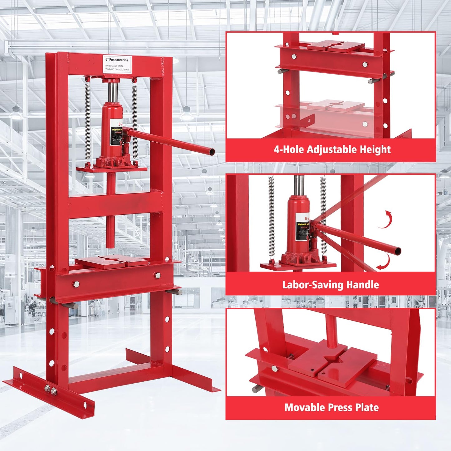 Hydraulic Press 6 Ton Hydraulic Shop Press H-Frame Garage Floor Adjustable Shop Press with 2 Plates Adjustable Working Table Height, Red