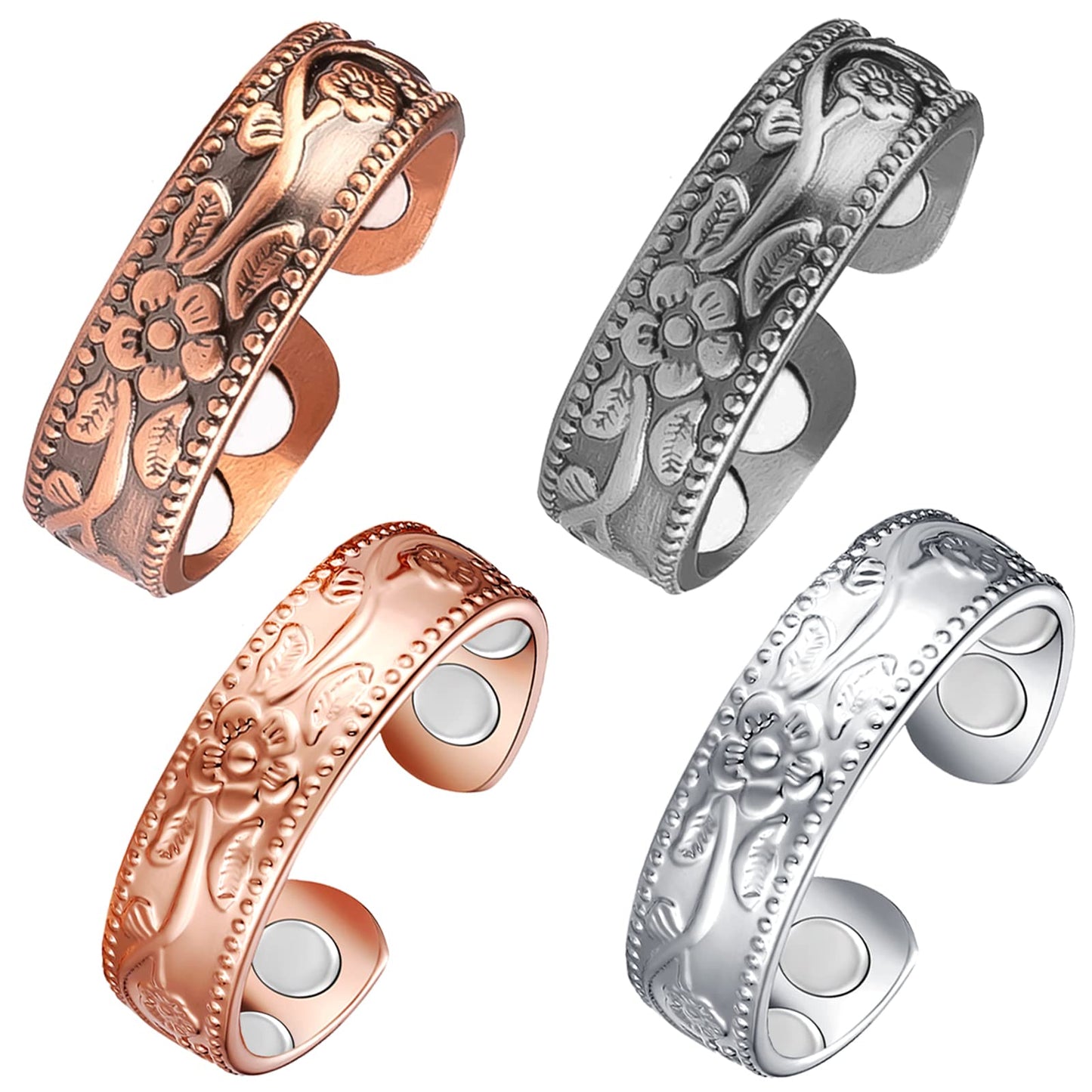 Vicmag Copper Magnetic Ring for Women, Magnetic Rings Ladies Fingers Thumb 100% Solid Pure Copper Jewelry Gift Adjustable (4PCS Flower)