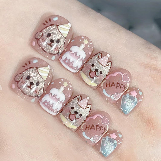 EYZOTSF Press on Nails Square Short Length Acrylic Glossy Full Cover Cute False Nails with Dog Cake Designs Artificial Extra Short Square Shaped Fake Nails Glue ons Fingernails for Women Girls