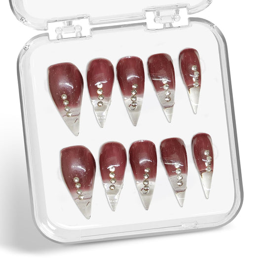 Handmade Press on Nails Curved Stiletto Fake Nails Eagle Claw Art Design Dragon Claw False Nail Wine Red Glitter French Tip Acrylic Nail Glossy Stick on Nails for Women (M)