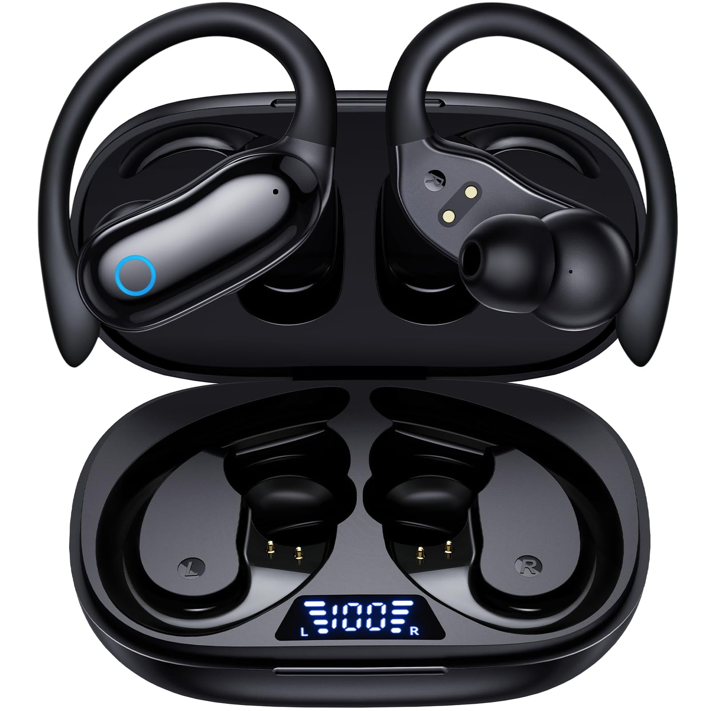 GNMN Active Noise Cancelling Ear Buds Wireless Earbuds 96hrs Playback Bluetooth Headphones Dual Battery Display Stereo Bass Earphones with Earhooks Microphone IPX7 Waterproof for Sports/Runing/Workout