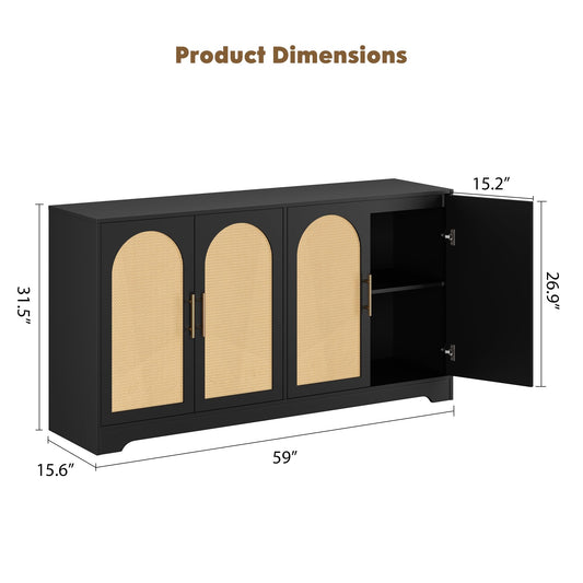 IDEALHOUSE 59" W Sideboard Buffet Cabinet- with 4 Rattan Doors, Large Storage Console Table & Modern Accent Coffee Bar Cabinet for Living Room, Kitchen, Hallway, Dining Room, Entryway, Black