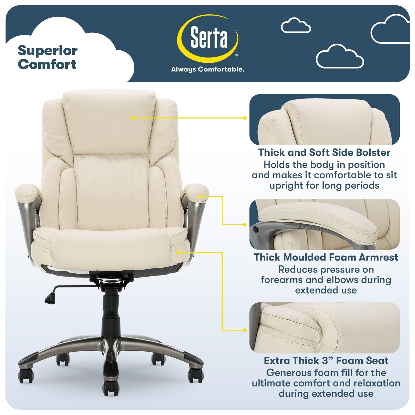 Serta Garret Executive Office Chair, Ergonomic Mid-Back with Lumbar Support, Semi-Plush Cushion and Body Pillows, Padded Armrests, Swivel Base, Bonded Leather, Ivory White