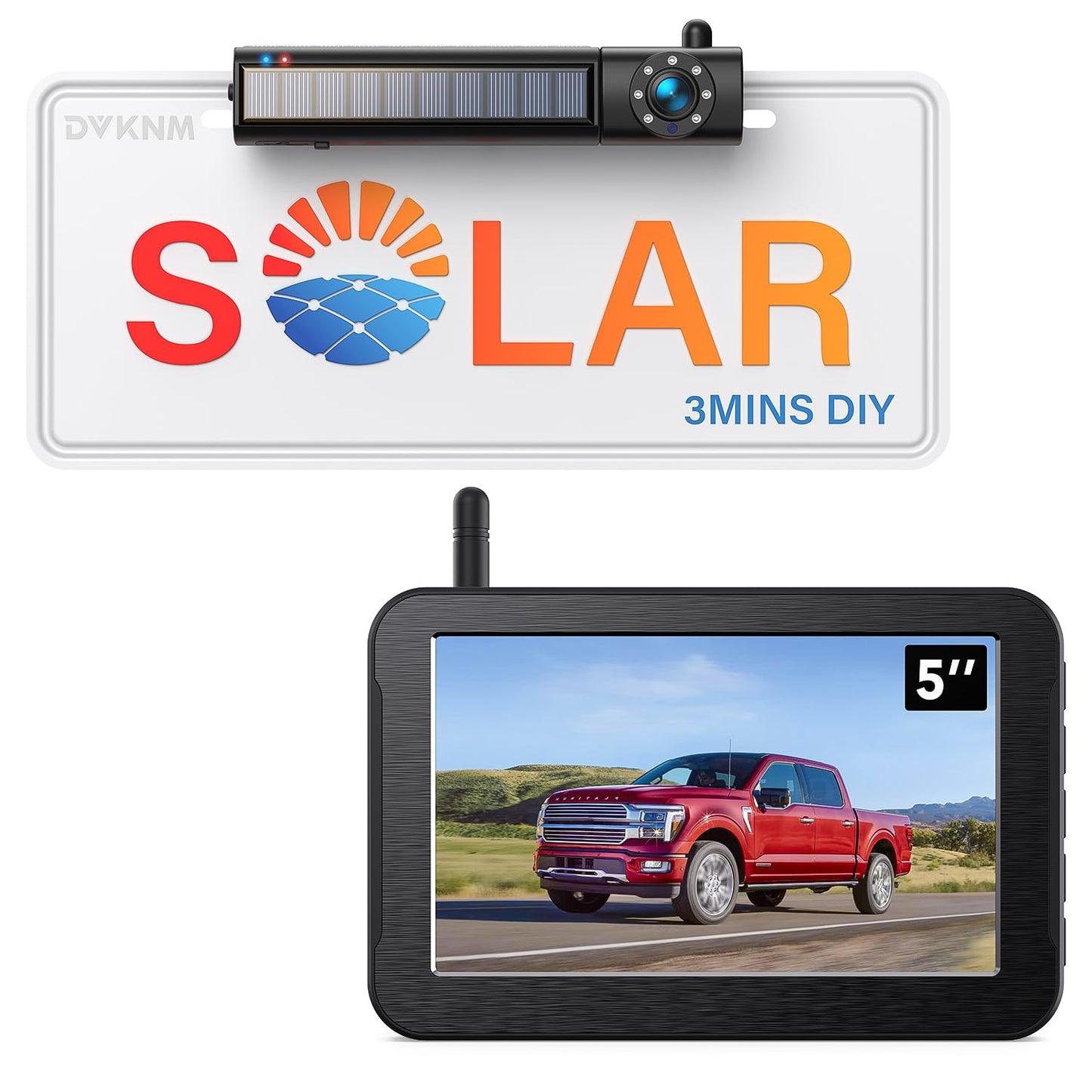 DVKNM Solar Wireless Backup Camera, 1080P 5" IPS Monitor & Auto On Off Back Up Camera, 2 Mins Easy Setup Battery Powered Night Vision Waterproof, Reverse Camera for Car SUV Truck Van Trailer