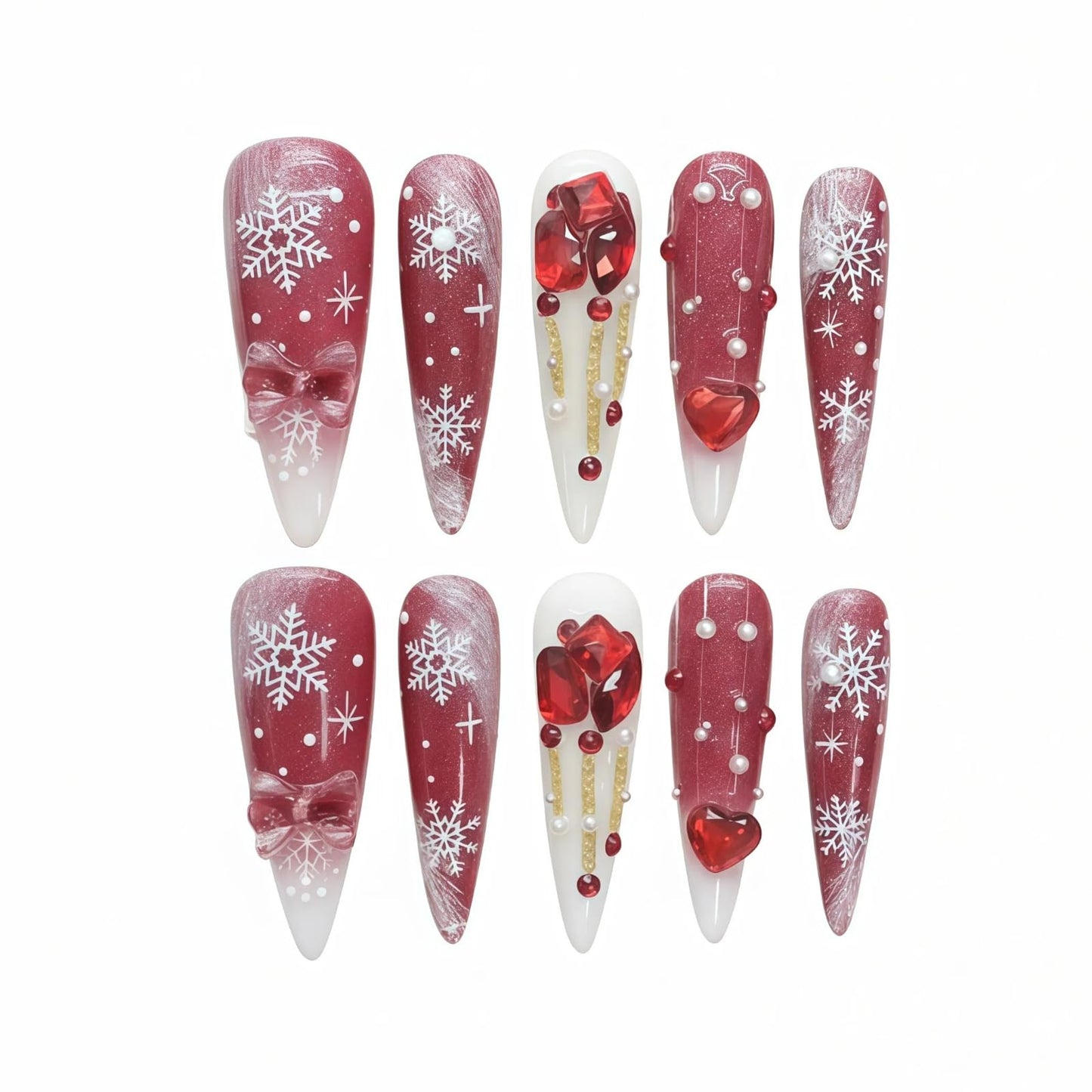 Tesytto Luxury Red Press On Nails Long Stiletto, 3D Heart & Rhinestone Glam Design, Glossy Handmade Fake Nails with Snowflake Detail, Valentine’s Day Winter Acrylic Nails (Snow Falls,S)
