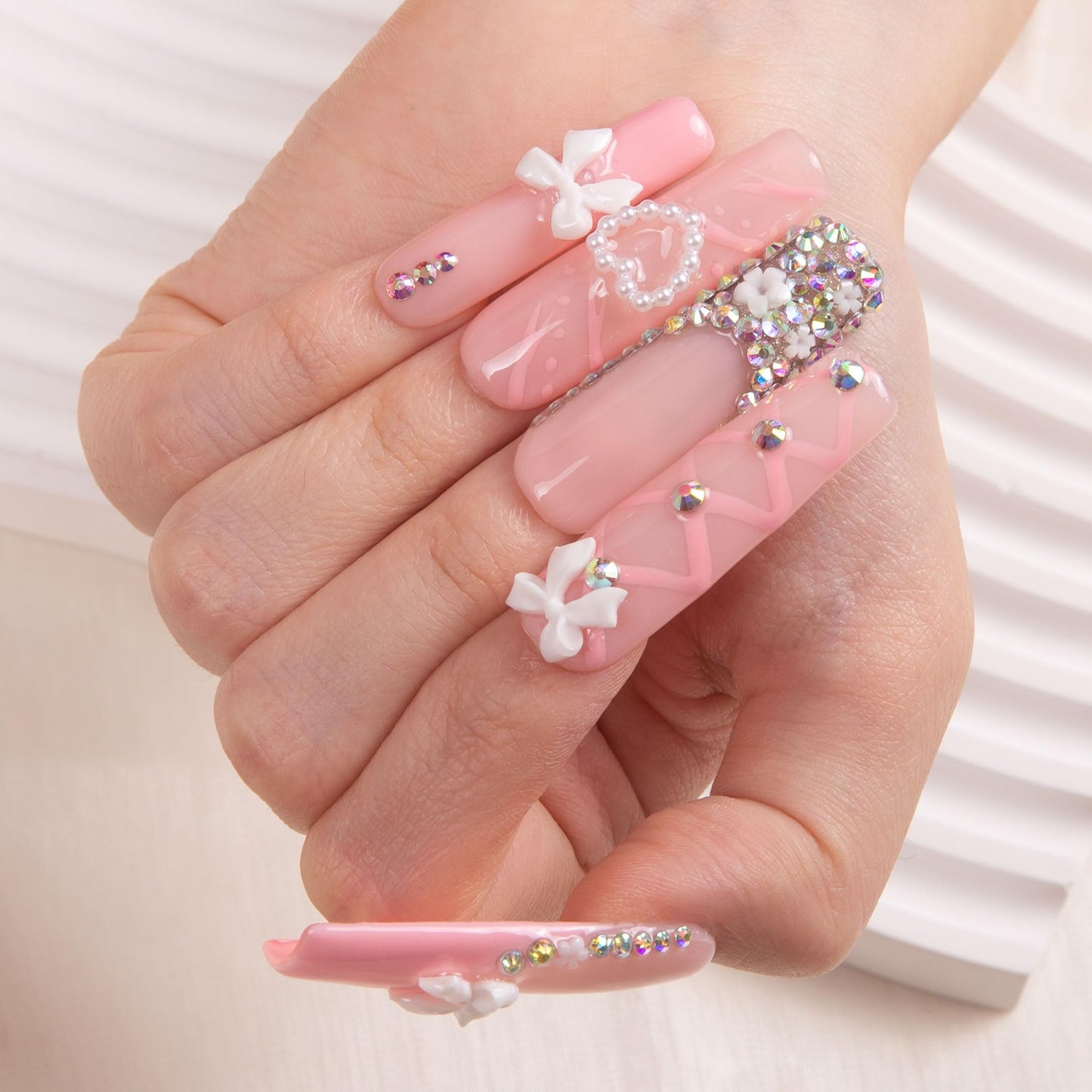 LOVFUL Press on Nails Vintage Shortcake| Handmade with Full Covered Crystals| Reusable Fake Nails| Square Mid length 1.7in| H187-L