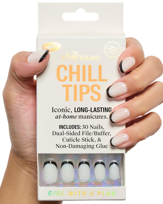 Chillhouse Chill Tips Signatures Press On Nails Kit, Girl with a Plan - 30 Nail Shapes & Sizes, Dual-Sided Buffer & File, Cuticle Stick & Glue - Long-Lasting Nail Art Manicures