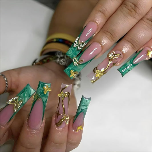 IMSOHOT Press on Nails Long Square Fake Nails Green Wave French Tips False Nails with Golden Butterfly Charms Designs Glossy Acrylic Gel Squoval Nail Supplies