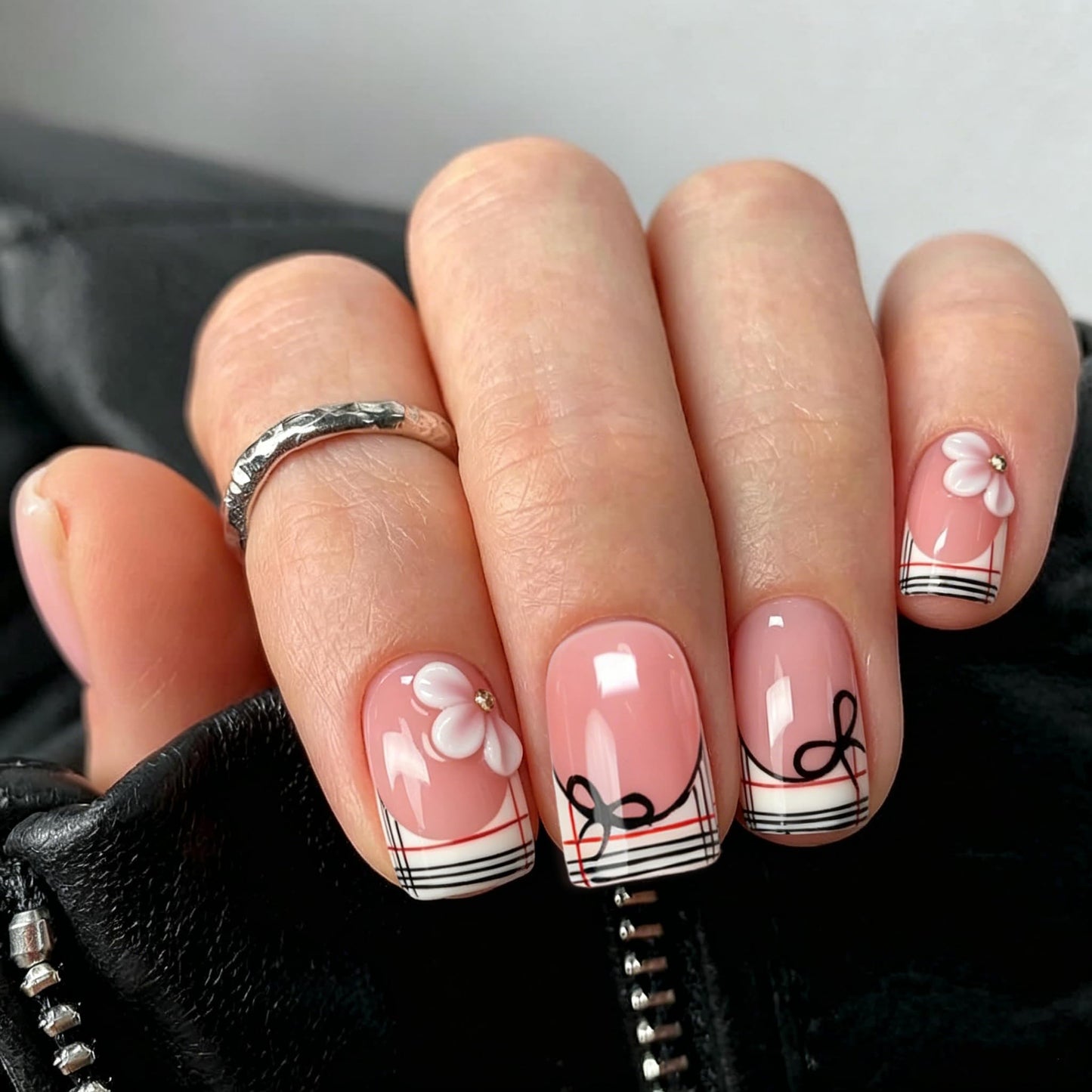 Luxury 3D Flower Short Square Press on Nails Handmade Fake Nails with Floral & Bow Art Design Stripe French Tip False Nails Muti-Layer Gel Handmade Thicked Acrylic Stick on Nail for Women (M)
