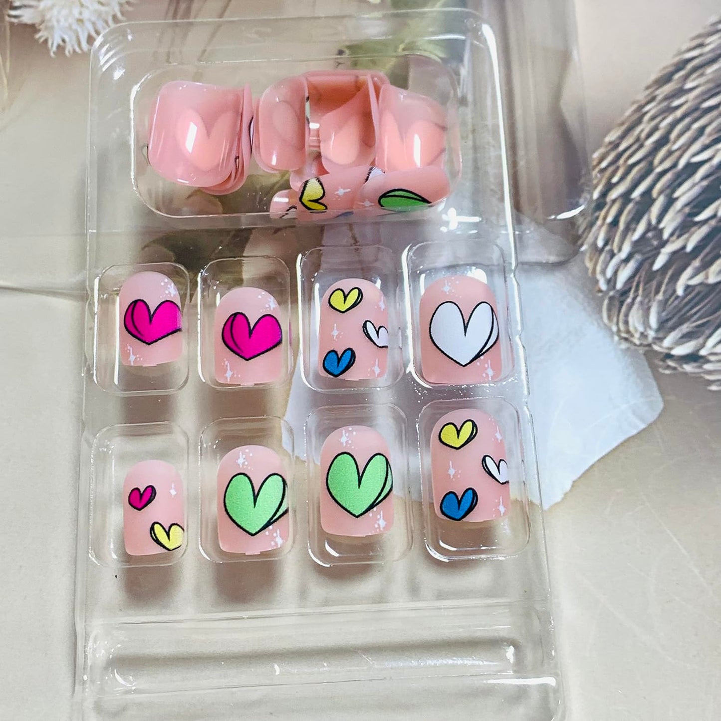 FIEONCIY Press on Nails Short Square Shaped Glossy Full Cover Acrylic Extra Short Square False Nails with Love Heart Designs Artificial Fake Nails Glue Stick ons Fingernails for Women Girls(A304)
