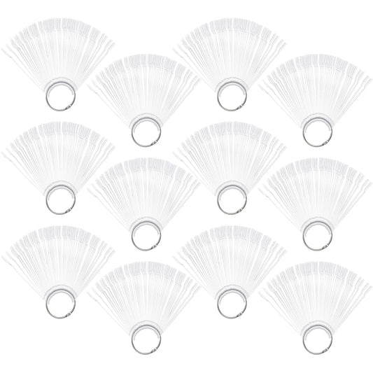 Hedume 12 Set Total 600 Tips Clear Nail Swatches Sticks with Metal Screw Split Ring Holder, Transparent Fan-shaped Nail Art Tips, Nail Art Supplies for Nail Art Polish Display and Home DIY