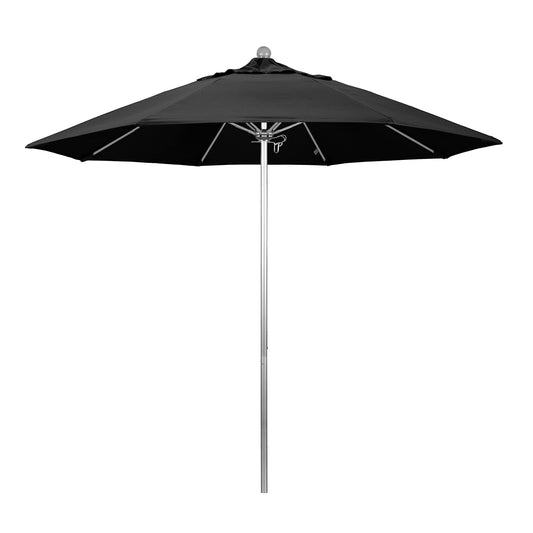 California Umbrella 9' Round Aluminum/Fiberglass Umbrella, Push Open, Silver Pole, Olefin Black Fabric