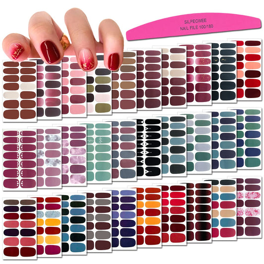 SILPECWEE 30 Sheets Adhesive Nail Polish Strips Stickers 1Pc Nail File Solid Color Ombre Nail Wraps Nail Art Decals Manicure Kit for Women