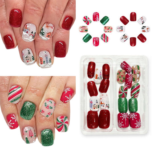 Christmas Press on Nails Kit 48 Pcs Short Square Fake Nails 2 Style Cute False Nails with Snowflake Mistletoe Glitter Designs Red Green Glossy Glue on Nail Winter Acrylic Nails for Women Girls