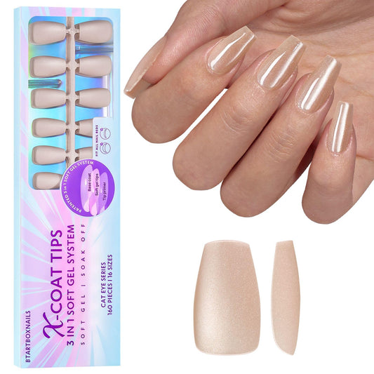 BTArtboxnails Cat Eye XCOATTIPS - Soft Gel Coffin Nail Tips, Glitter Press On Nails Short, Soak Off Acrylic Fake Nails Glue On Nails In 16 Sizes - 160 Nail Extension Set, Aurora