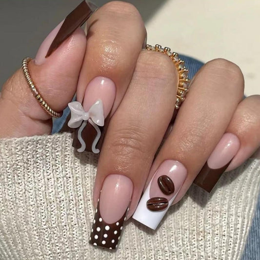 IMRAIN Square Press on Nails Long Fake Nails Brown French Tip False Nails with Polka Dot, Bow, Coffee Bean Design Reusable Artificial Handmade Stick on Nails for Women Manicure