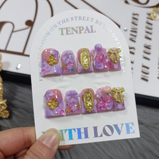 TENPAL Handmade Duckbill Press on Nails - Lavender Pink Blushing French Tips Fake Nails with 3D Bow & Lollipop Design | Acrylic Glossy Gothic Sweet False Nails | Y2K Elegant Style Duck Nails(L)