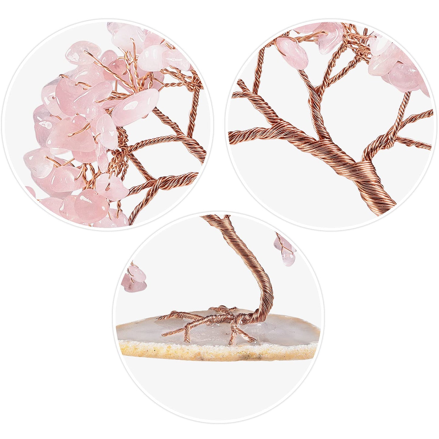 mookaitedecor Natural Rose Quartz Crystal Money Tree Agate Slice Base Feng Shui Bonsai Crystal Tree for Wealth Luck Desk Decor, 3-4 Inch High