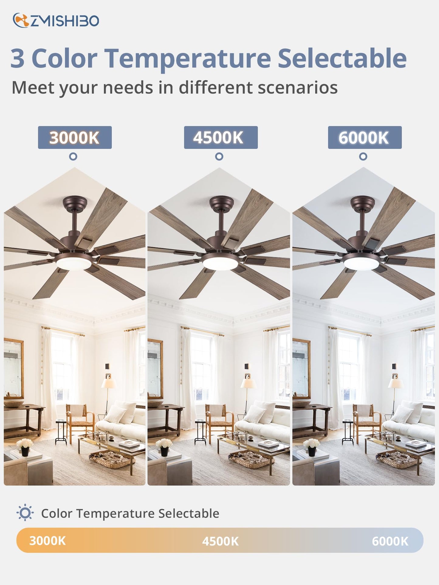 ZMISHIBO 72 inch Oil Rubbed Bronze Ceiling Fans with Lights and Remote, Indoor/Outdoor Farmhouse Ceiling Fan for Living Room Patio, 6 Speed Reversible Quiet DC Motor, 3CCT, Dual Finish Blades