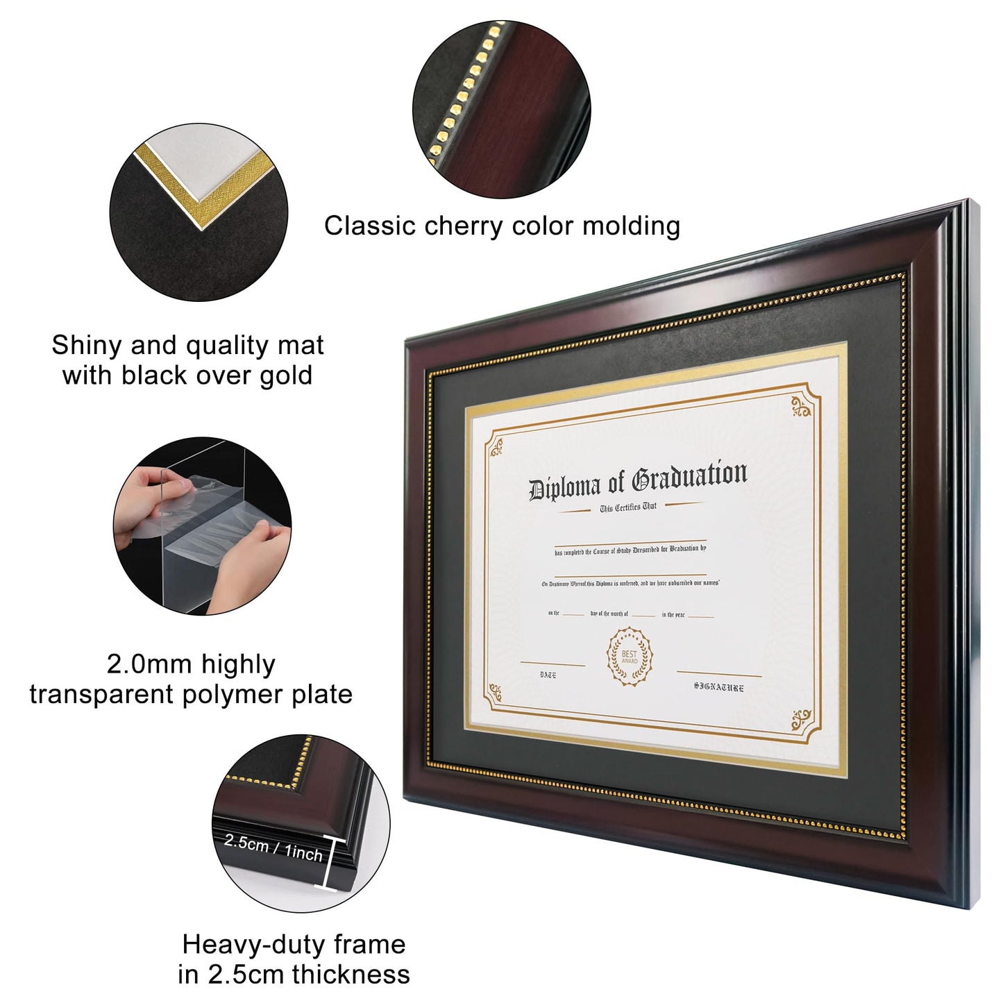 GraduatePro 8.5x11 Diploma Frame with Black Over Gold Mat or Display 11x14 Document without Mat, CPA License Frame, UV Protection Acrylic, Mahogany with Gold Beads