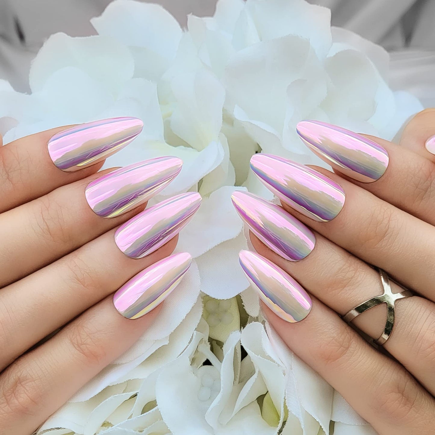 Hypnaughty Press On Nails - Caviar & Light Pink Almond Chrome, Trendy & Salon Quality Reusable Nails With Kit