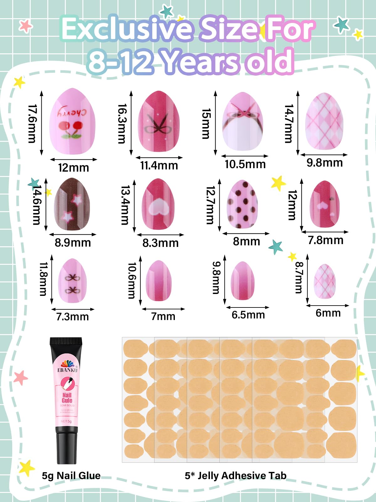 EBANKU 144 Pcs Press on Nail Kids, 6 Pack Mini Kid Flase Nails Kit with Nail Glue Set Fake Nail for Girls Nail DIY Salon Home Decor