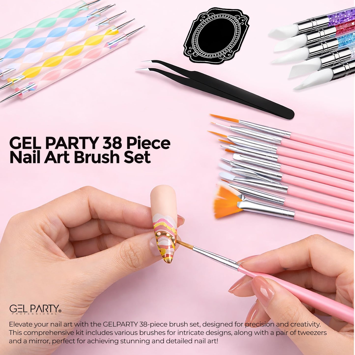 GEL PARTY 38 Pcs Professional Nail Art Brush Kit - All-in-One Nail Design Tools Set with Detail Brushes, Dual-Ended Dotting Pens, Silicone Brushes, Tweezers, Striping Tape & Palette for DIY Manicure