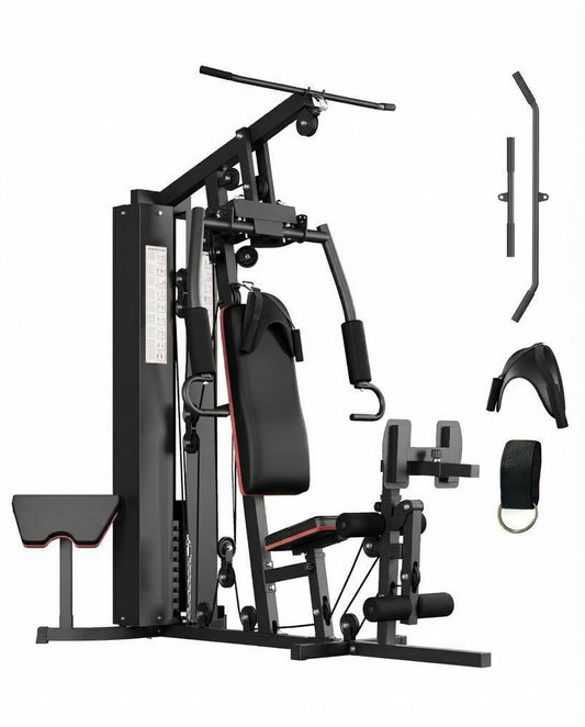 Multifunctional Home Gym Equipment, Full Body Workout Station, Exercise Machine with 150 Lbs Weight Stack, Home Gym Workout Equipment with Pulley System and Foot Pedal, Black