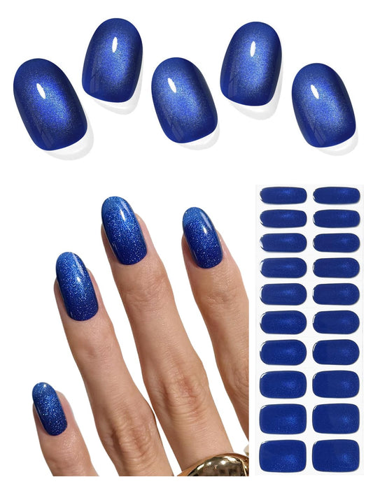 AutyaMee Semi Cured Gel Nail Strips (Blue Cat Eye N1), 20 Pcs Gel Nail Wraps, Stickers, Salon Quality, Works with Any UV Lamps