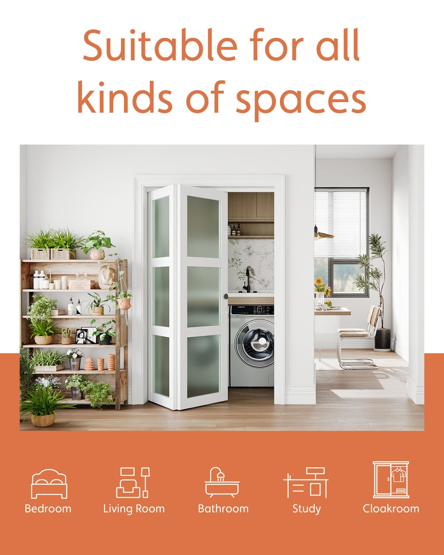 Bifold Closet Doors for 32"x 80" Opening, Tempered Frosted Glass Accordion Barn Door with Concealed Hardware Kit Included, Closet Door for Water-Proof PVC White Surface, Easy Install