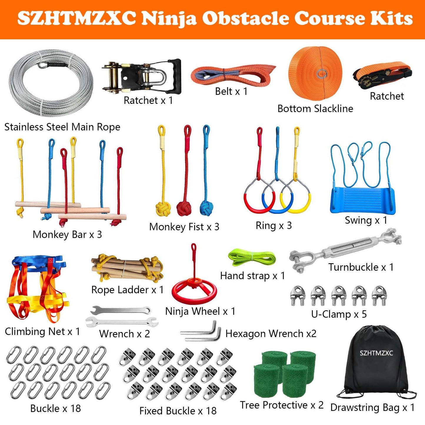 SZHTMZXC Ninja Warrior Obstacle Course for Kids Backyard Outdoor, 65ft Stainless Steel Main Cable, 65ft Bottom Slackline, Weatherproof, 14 Pcs Training Accessories, Climbing Net, Swing, Ladder