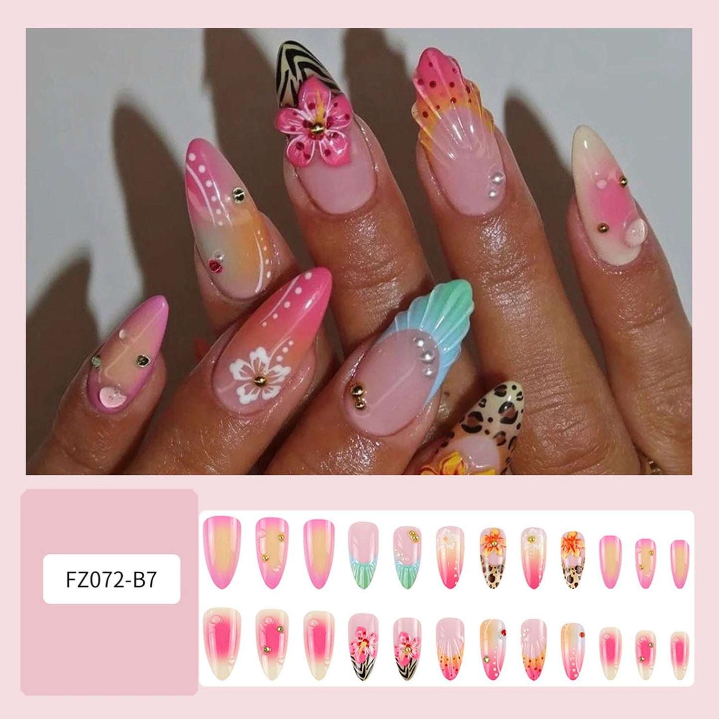 24pcs Handmade Press on Nails Summer Pink Flower Fake Nails French Tip Rhinestones Design Hawaii False Nails beach Short Stick on Nails Full Cover Artificial Glue on Nails for Women Summer Kit