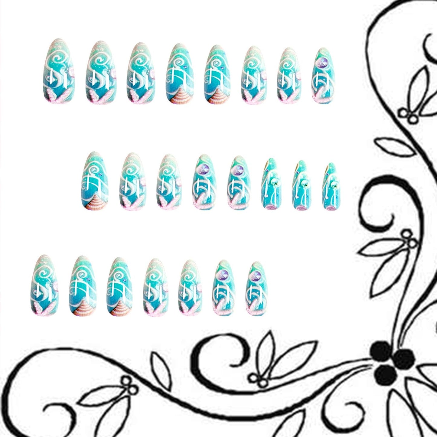 Starfish Shells Press on Nails Medium Length Light Blue Almond Tip False Nail Rhinestones Marine Life Pattern Design Full Cover Press Ons Stick on Nails Artificial Acrylic Glue on Nail for Women