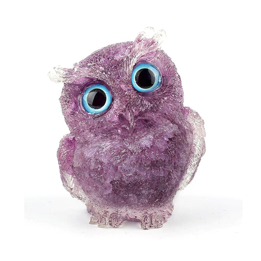 OwMell Owl Statue Tumbled Stone Gemstone Owl Figurine Home Decor Shelf Decor 2.5" - Amethyst
