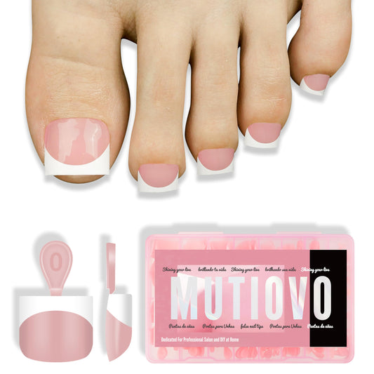 MUTIOVO Extra Short Toe Nail White French Tip BABY PINK,Soft Gel False Toenail Extension Kit,Thick Sharp Square Press On,Need Builder Gel & Apply Top Coat, No Glue included,for DIY x16 Sizes 224 pcs