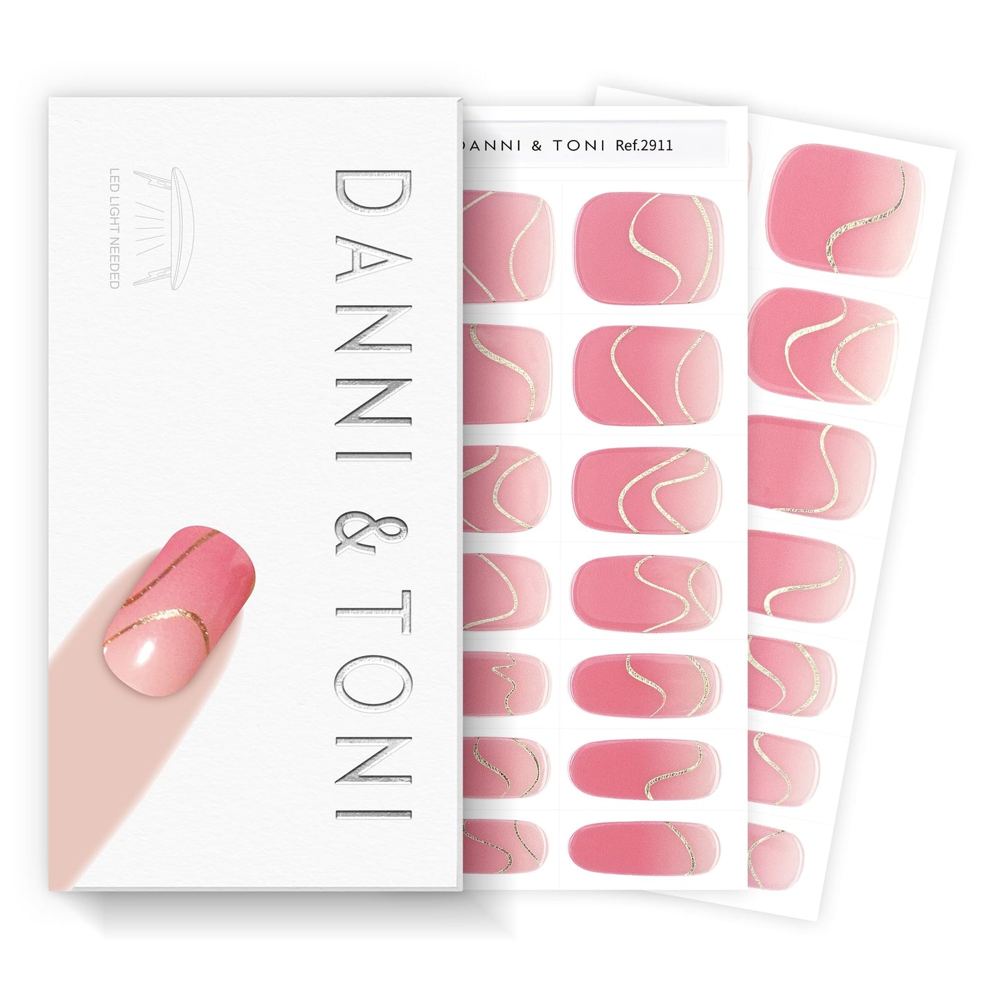 DANNI & TONI Semi Cured Gel Nail Strips Blush Pink Ombré Gold Line Gel Nail Stickers 28 Stickers Gift for Woman | Pink Swirls