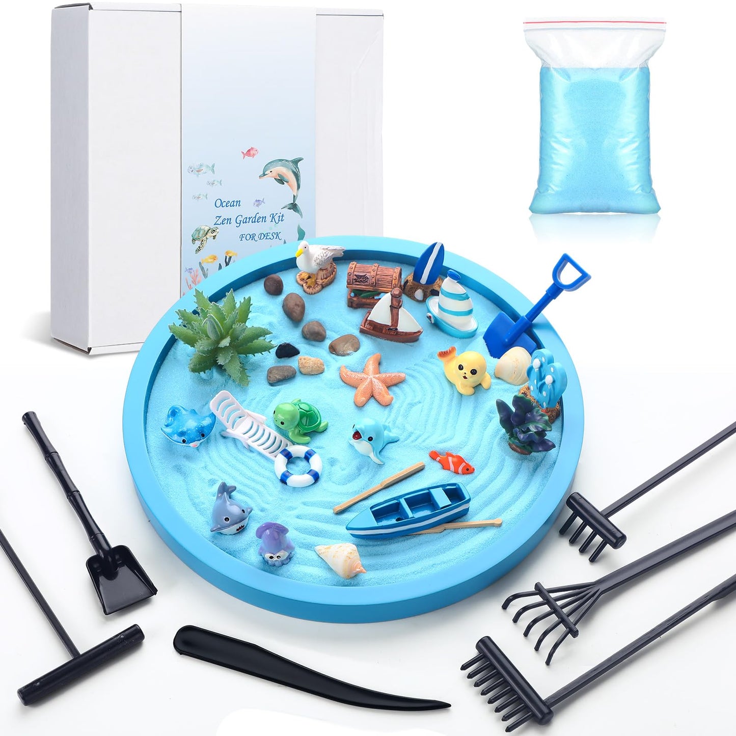 Halloscume Zen Garden Gift for Desk 36 Pcs Beautiful Japanese Beach Sea Decor Zen DIY Set with Ocean Decorative, Tools Blue Tray, Sand for Home, Office Desk Accessories (Including Gift Box)