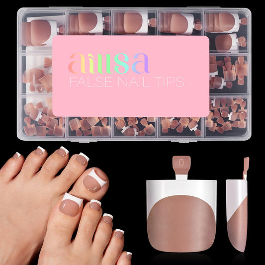 AILLSA French Tip Press on Toe Nails, 150PCS Sharp Square Brown Pink Acrylic Fake Toenails 15 Sizes Full Cover Long-Lasting for Women DIY Pedicure