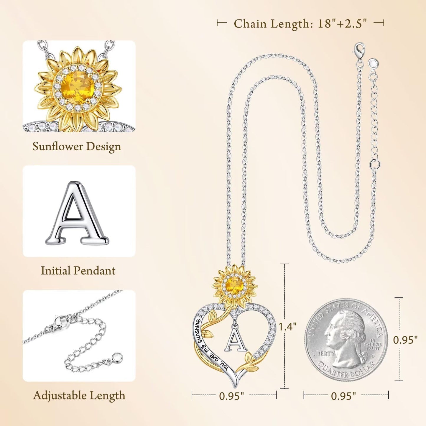 MONOOC Sunflower Gifts for Women - 14K-White-Gold-Plated Sunflower Initial Necklaces for Woman Heart Initial Letter D Necklace, Anniversary Birthday Gifts for Women Wife Mom Jewelry Gift