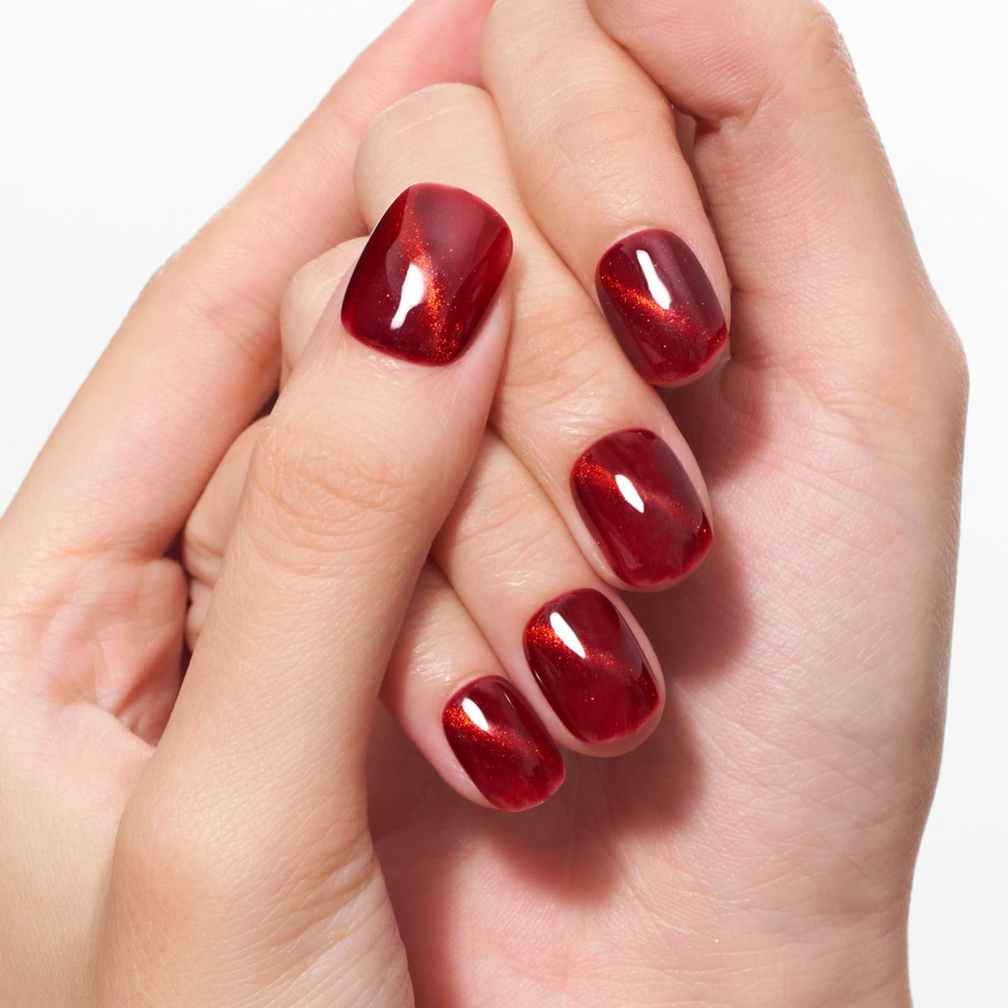 GLAMERMAID Red Cat Eyes Extra Short Press on Nails, Cherry Dark Red Handmade Soft Gel Fake Nails Short Squoval, Natural Burgundy Square Jelly Glue on Nails, Acrylic False Nails, Glossy Round Fake Nail